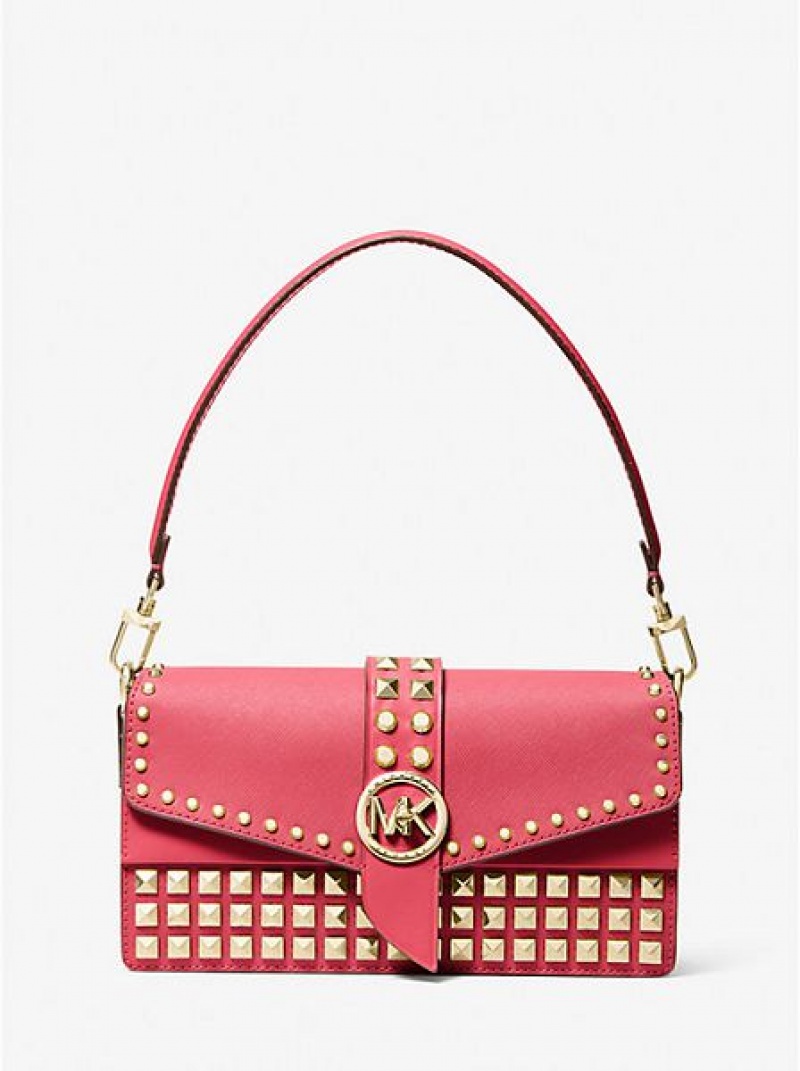 τσάντεσ ώμου γυναικεια Michael Kors Greenwich Medium Studded Saffiano δερματινα κοκκινα | 867402-JWN