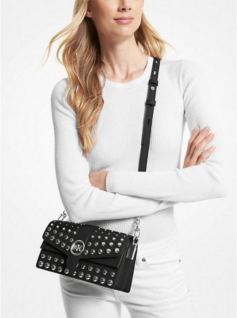 τσάντεσ ώμου γυναικεια Michael Kors Greenwich Medium Studded Saffiano δερματινα μαυρα | 028491-ESA