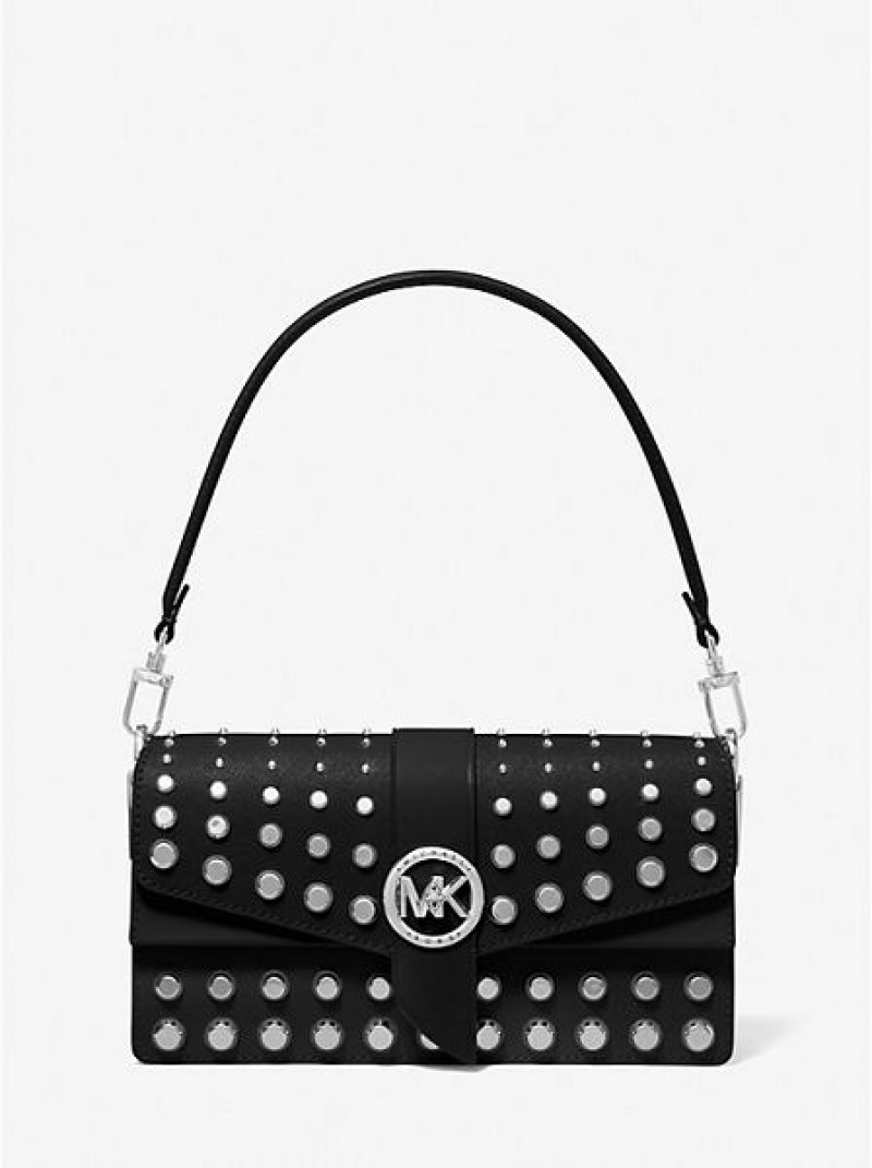 τσάντεσ ώμου γυναικεια Michael Kors Greenwich Medium Studded Saffiano δερματινα μαυρα | 028491-ESA