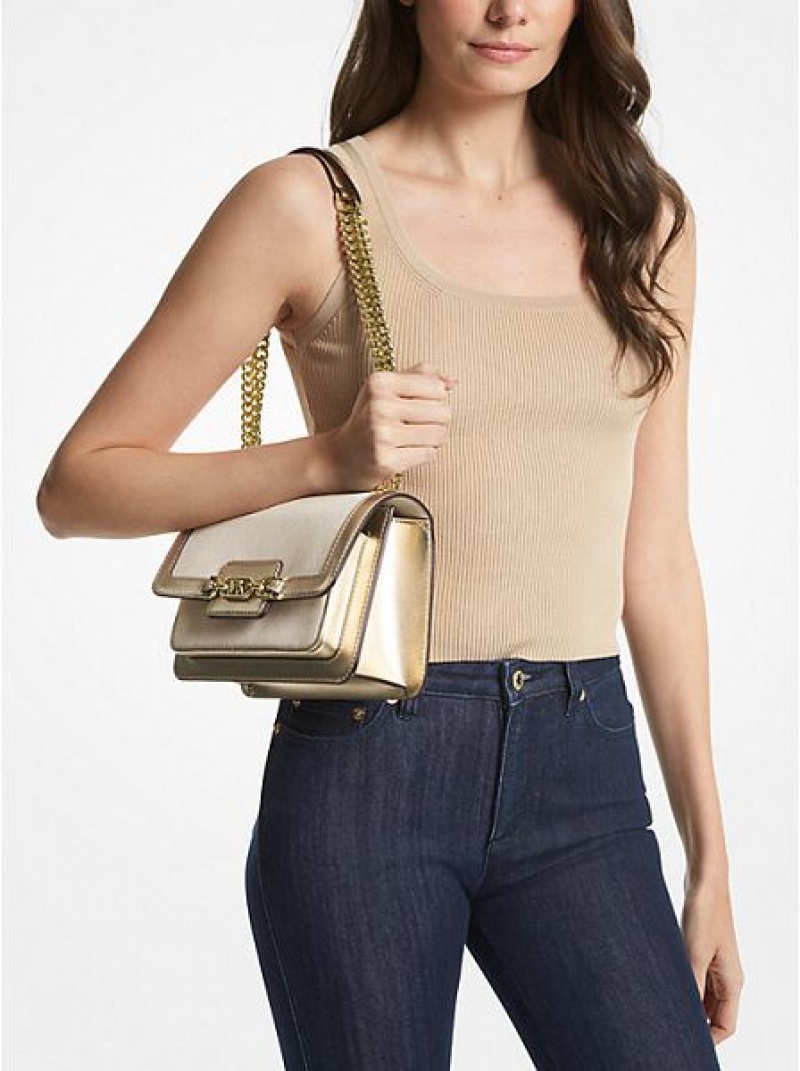 τσάντεσ ώμου γυναικεια Michael Kors Heather Large καμβα And Metallic Faux δερματινα χρυσο χρωμα Μπεζ | 807129-QGP