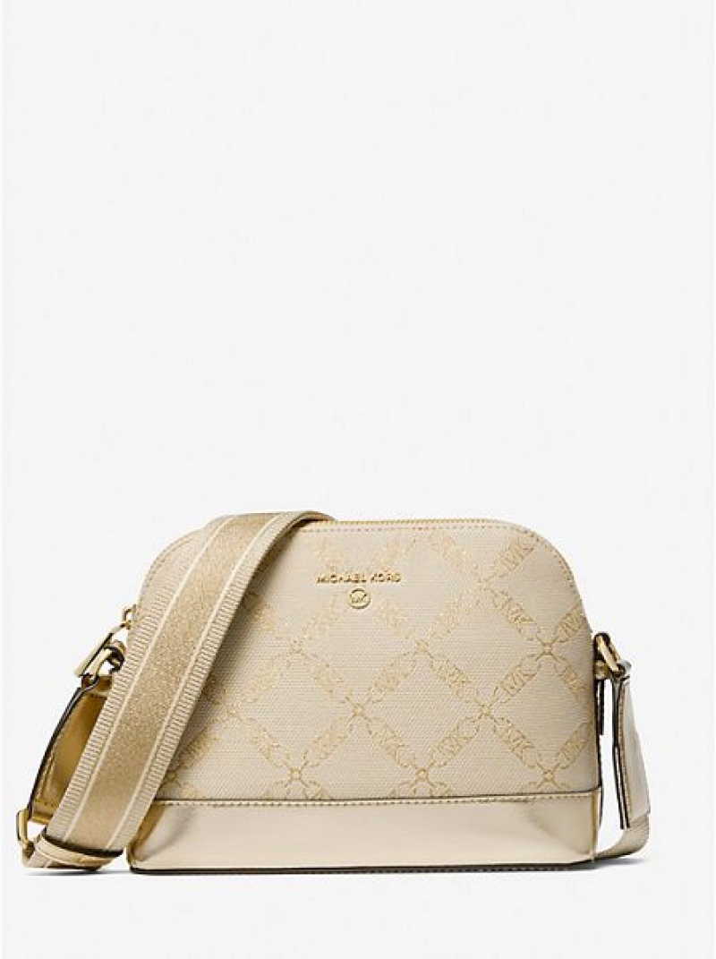 τσάντεσ χιαστί γυναικεια Michael Kors Jet Set Large Metallic Empire Logo Jacquard Dome χρυσο χρωμα Μπεζ | 192346-EDB