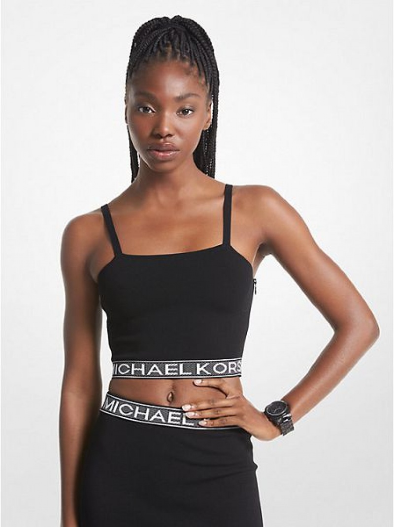 αμανικα μπλουζακια γυναικεια Michael Kors Logo Tape Stretch Knit μαυρα | 823061-AXE