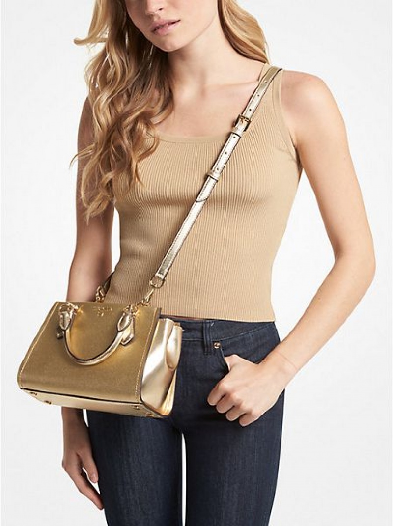 τσάντεσ χιαστί γυναικεια Michael Kors Marilyn Small Metallic Saffiano δερματινα χρυσο χρωμα | 582390-YGF