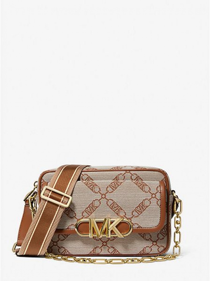 τσάντεσ χιαστί γυναικεια Michael Kors Parker Medium Empire Logo Jacquard Μπεζ | 654312-ZTB