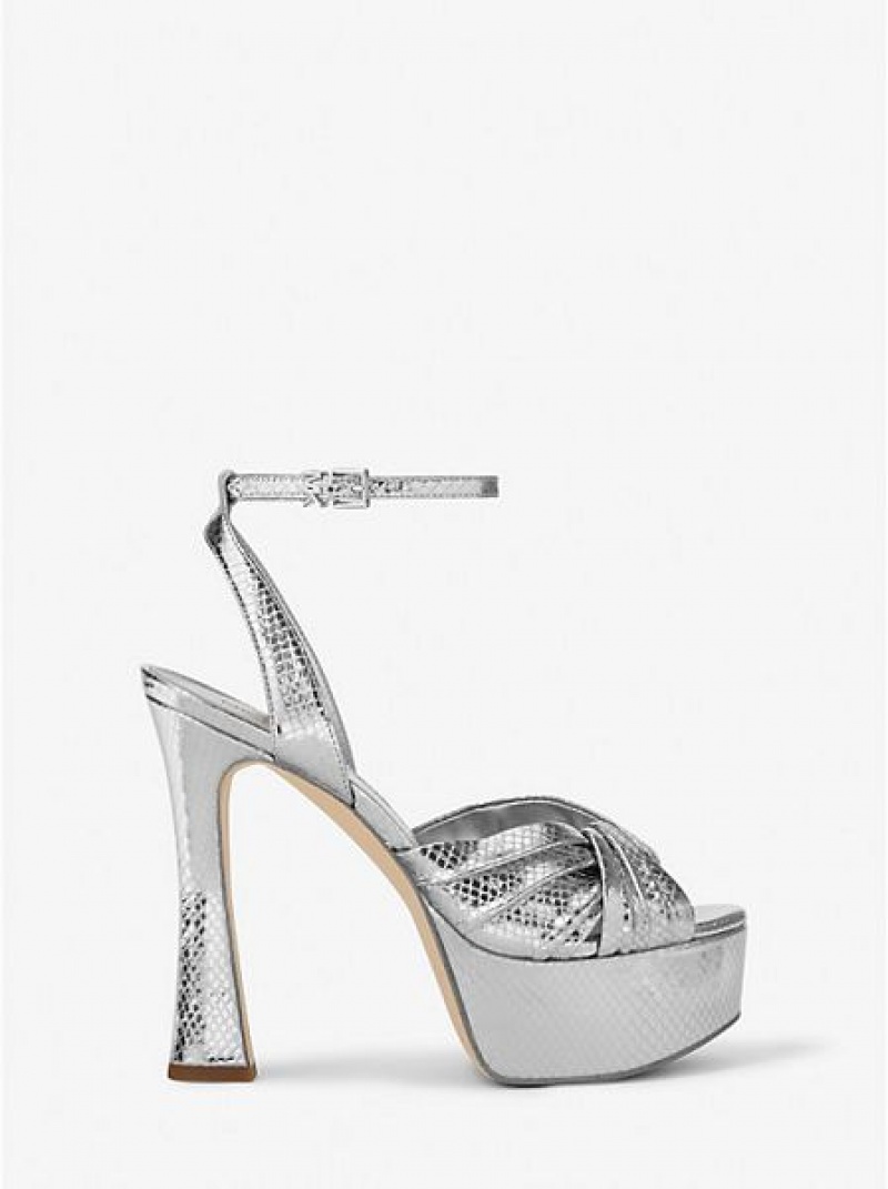 Πεδιλα Πλατφορμεσ γυναικεια Michael Kors Selena Metallic Snake Embossed δερματινα ασημι | 408326-ZWO