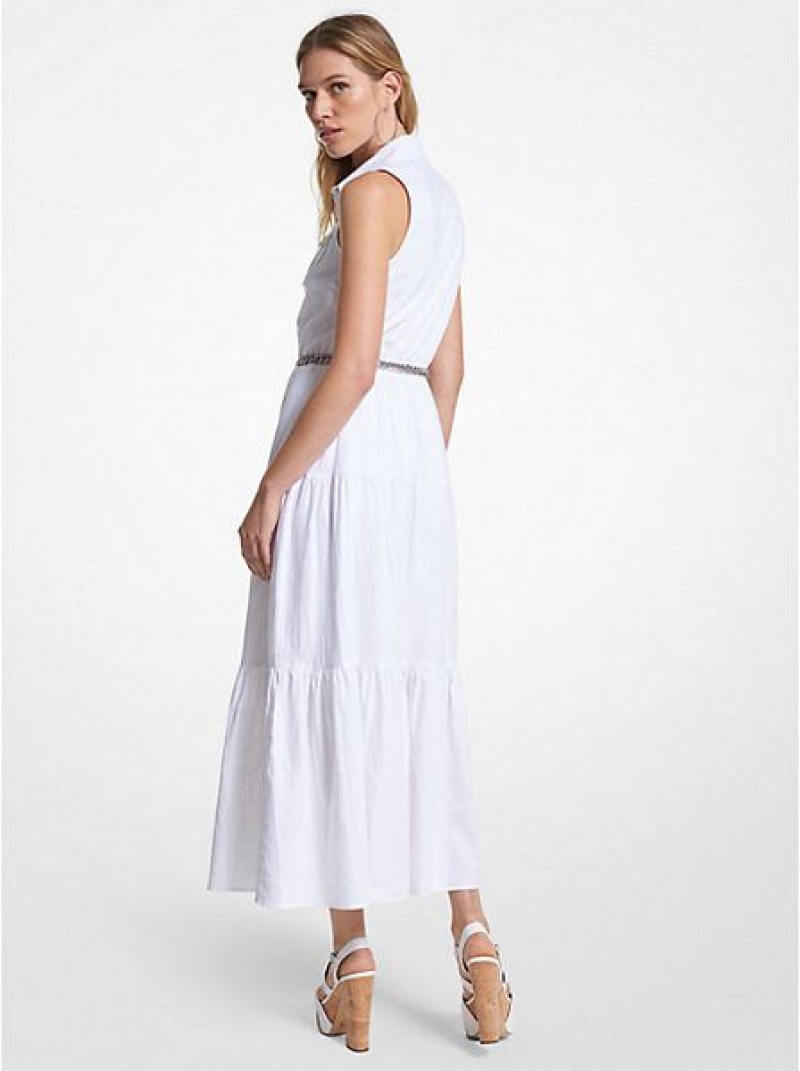 Πουκάμισο Φόρεμα γυναικεια Michael Kors Slub Linen Blend Maxi ασπρα | 978320-GUN