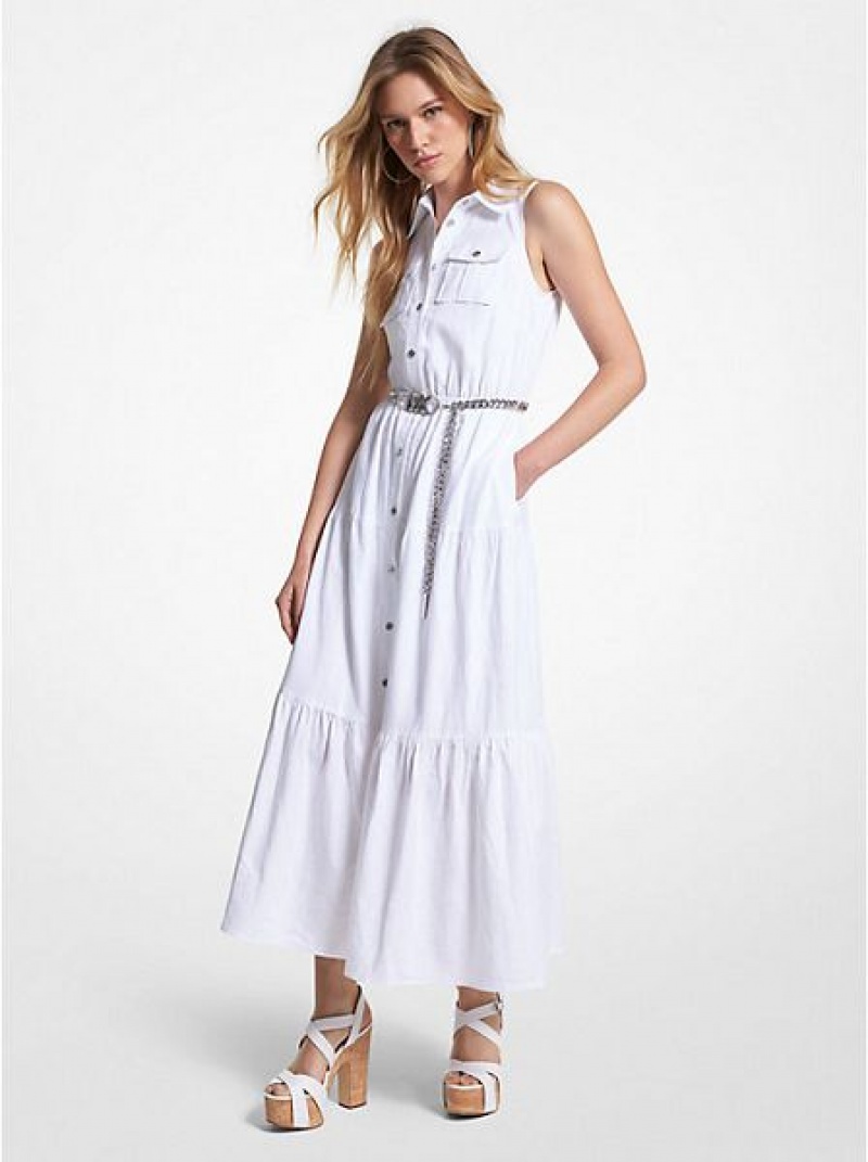 Πουκάμισο Φόρεμα γυναικεια Michael Kors Slub Linen Blend Maxi ασπρα | 978320-GUN