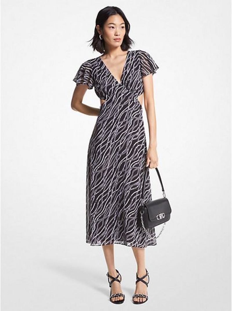 Μίνι Φόρεμα γυναικεια Michael Kors Status Print Georgette Cutout μαυρα | 401968-ILN