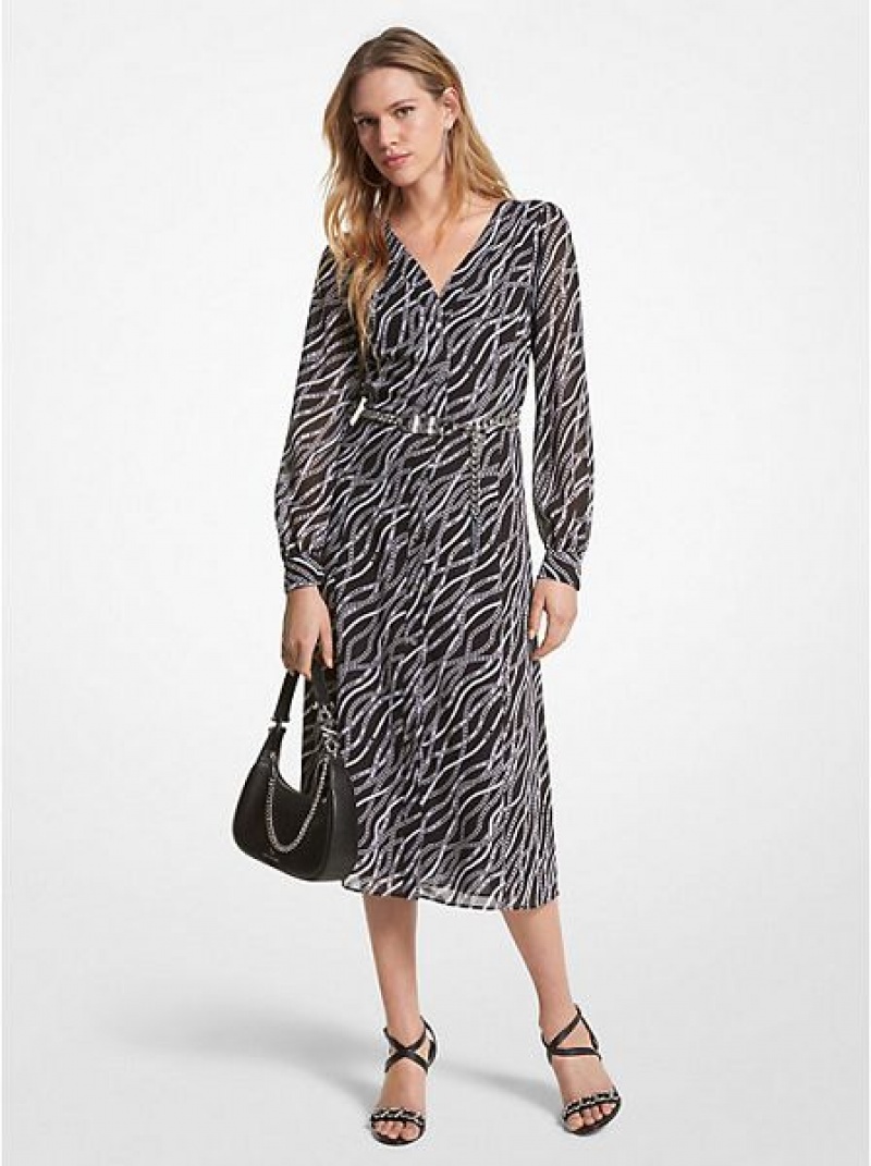 Μίντι Φόρεμα γυναικεια Michael Kors Status Print Georgette μαυρα | 824960-UAQ