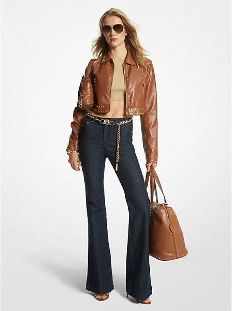 τζιν παντελονι γυναικεια Michael Kors Stretch Denim Belted Flared σκουρο μπλε | 385096-KOI