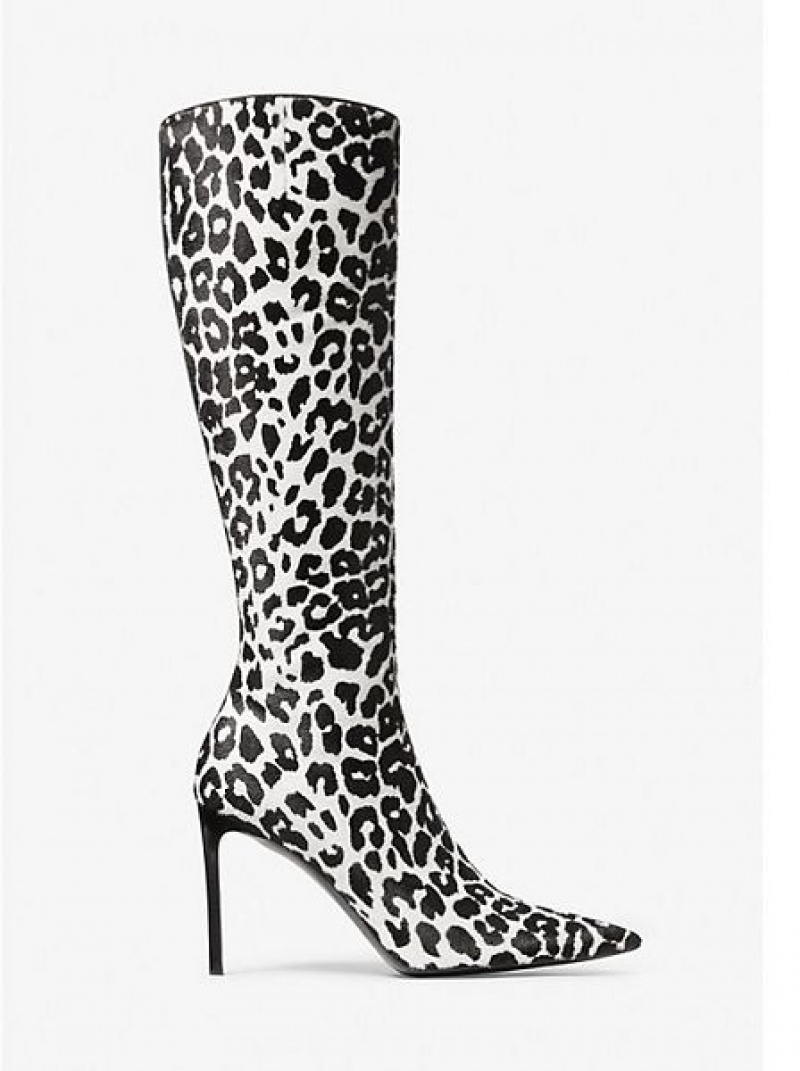 δερματινεσ μποτεσ γυναικεια Michael Kors Tatjana Leopard Print Calf Hair μαυρα ασπρα | 524913-HXO