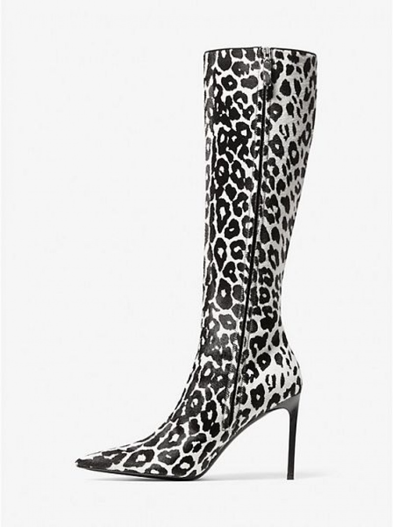 δερματινεσ μποτεσ γυναικεια Michael Kors Tatjana Leopard Print Calf Hair μαυρα ασπρα | 524913-HXO