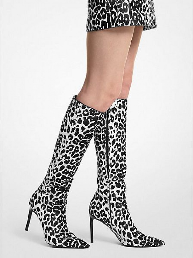 δερματινεσ μποτεσ γυναικεια Michael Kors Tatjana Leopard Print Calf Hair μαυρα ασπρα | 524913-HXO