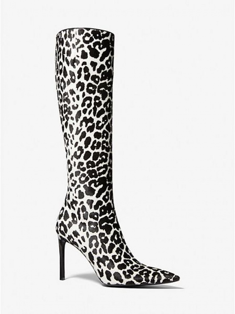 δερματινεσ μποτεσ γυναικεια Michael Kors Tatjana Leopard Print Calf Hair μαυρα ασπρα | 524913-HXO