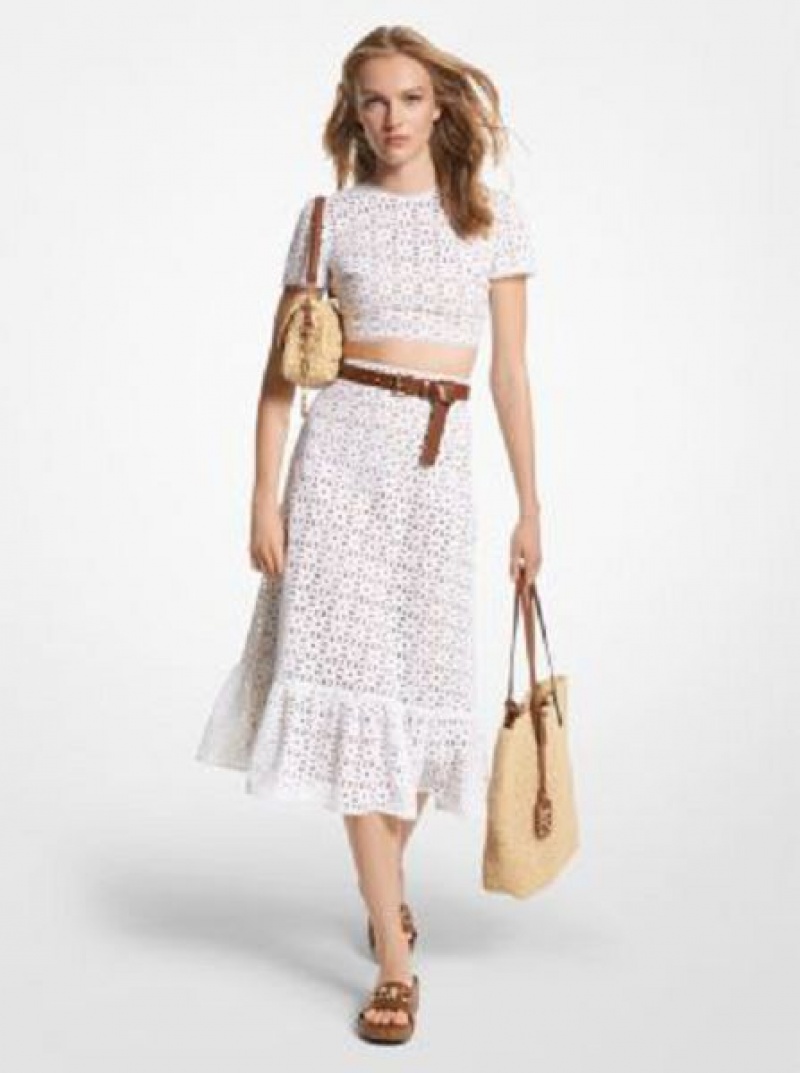 αμανικα μπλουζακια γυναικεια Michael Kors βαμβακερα Eyelet ασπρα | 529317-ZLC