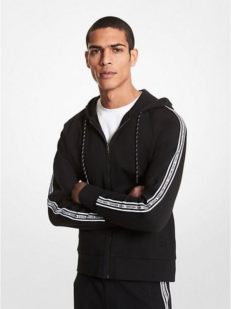 φουτερ με κουκουλα ανδρικα Michael Kors Logo Tape βαμβακερα Blend Zip-up μαυρα | 416057-EKR