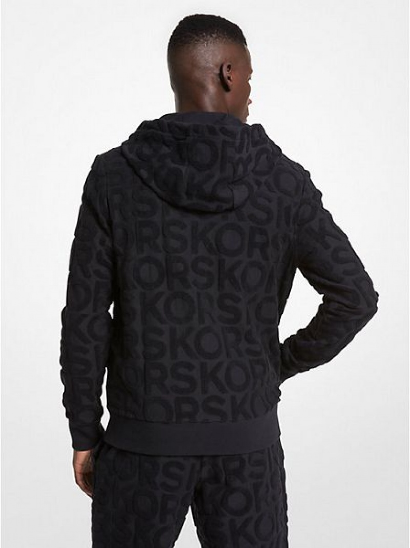 φουτερ με κουκουλα ανδρικα Michael Kors Logo Terry βαμβακερα Blend Zip-up μαυρα | 309421-NKB