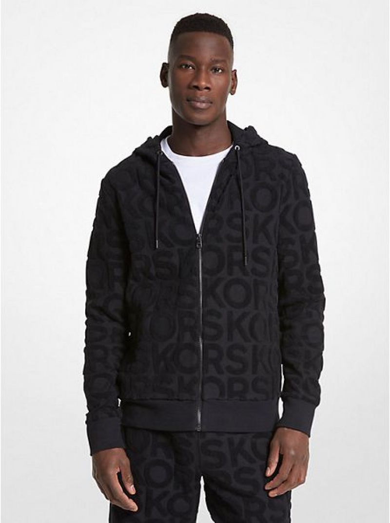 φουτερ με κουκουλα ανδρικα Michael Kors Logo Terry βαμβακερα Blend Zip-up μαυρα | 309421-NKB