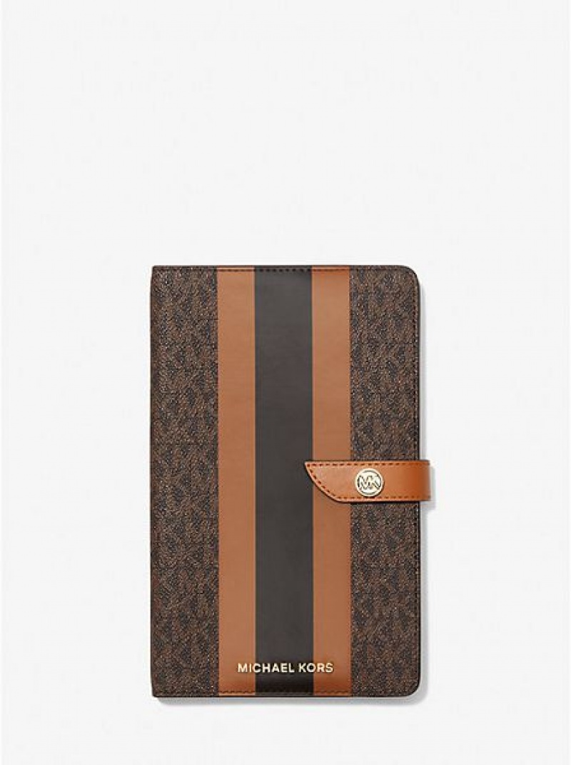 Θήκη Για Κάρτες γυναικεια Michael Kors Medium Logo Stripe Notebook καφε | 728461-WLA