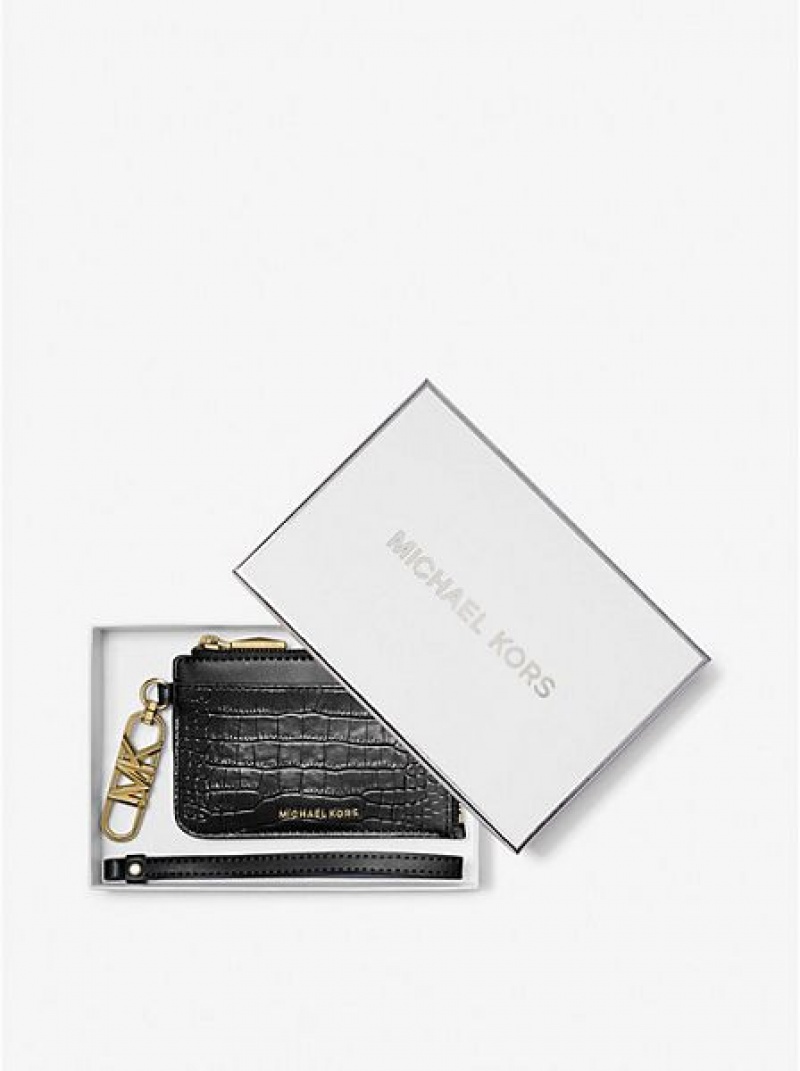 Θήκη Για Κάρτες γυναικεια Michael Kors Small Crocodile Embossed δερματινα Zip μαυρα | 815097-PSA