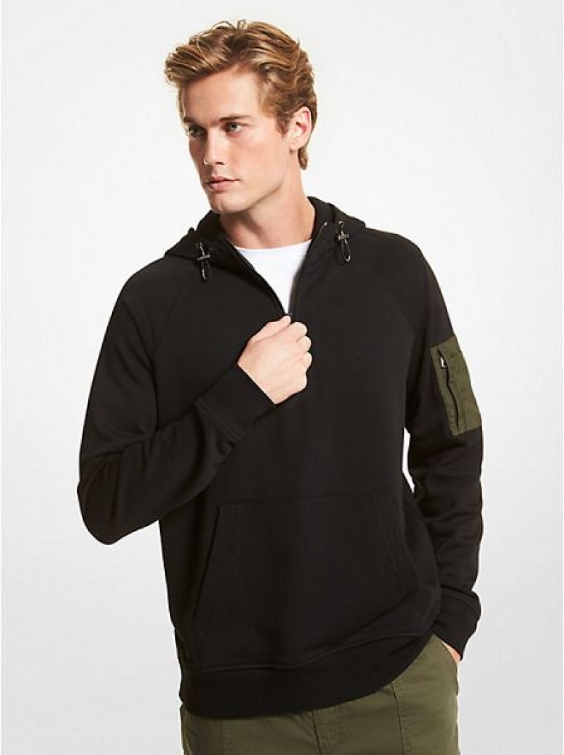 φουτερ με κουκουλα ανδρικα Michael Kors βαμβακερα Blend Half-zip μαυρα | 625047-ZOR