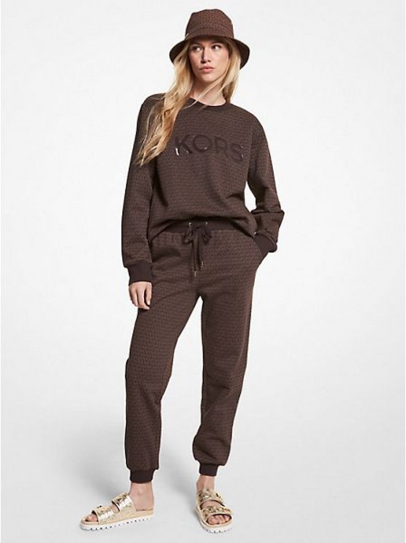 παντελονι jogger γυναικεια Michael Kors Logo Print βαμβακερα Terry σοκολάτα | 501289-ZHD