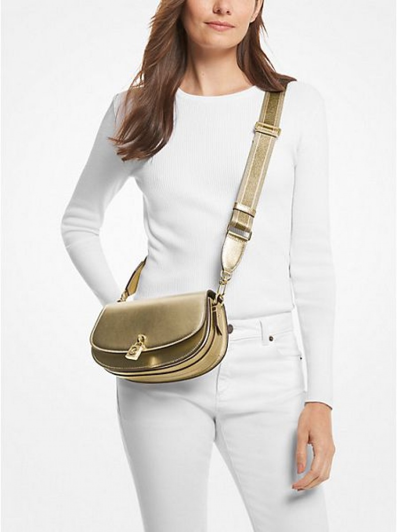 τσαντεσ messenger γυναικεια Michael Kors Mila Medium Metallic δερματινα χρυσο χρωμα | 869405-YJU