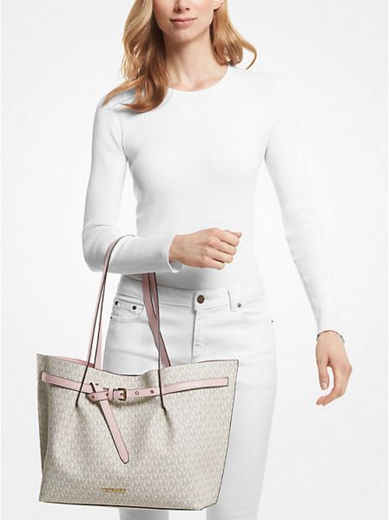 τσάντεσ tote γυναικεια Michael Kors Emilia Large Logo ασπρα ροζ | 156802-RTQ