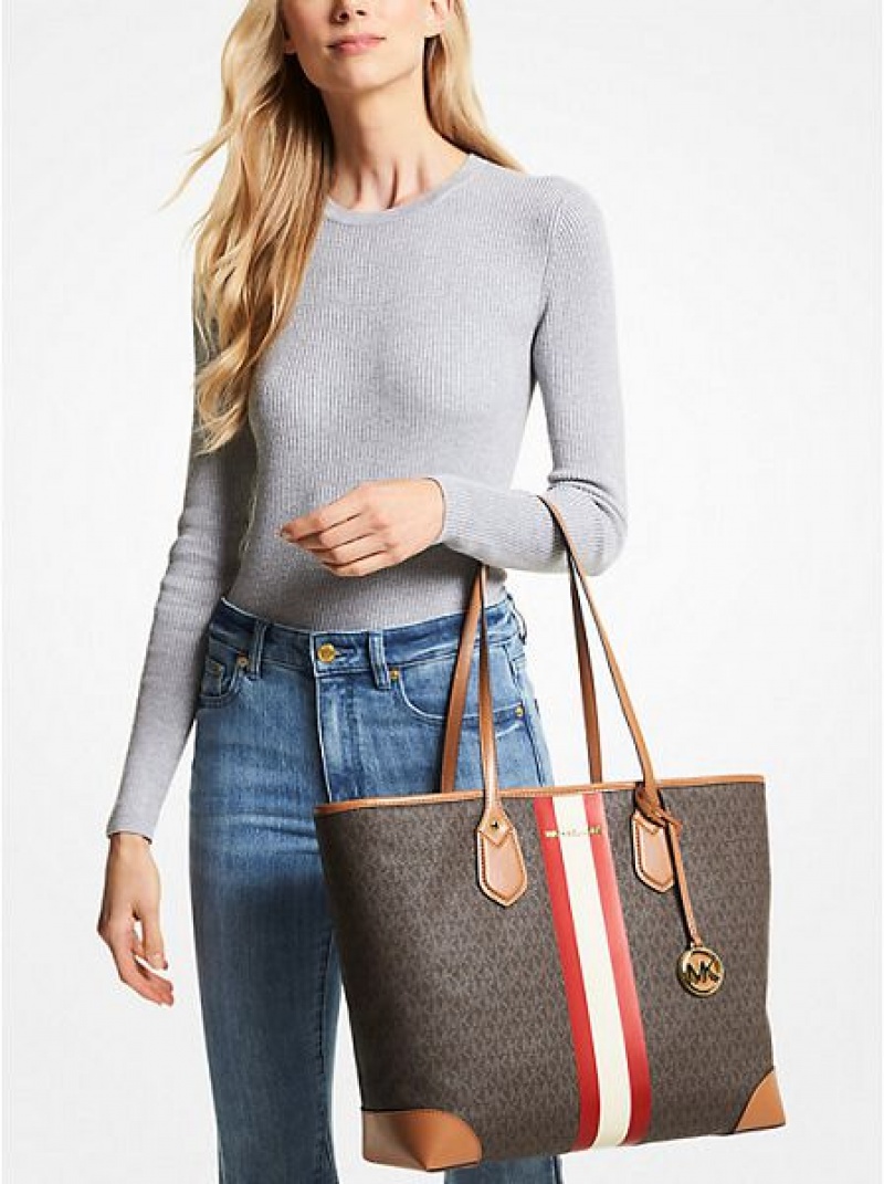 τσάντεσ tote γυναικεια Michael Kors Eva Large Signature Logo Stripe ανοιχτο κοκκινα | 627085-EOJ