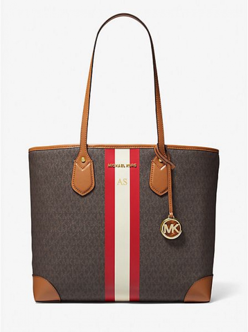 τσάντεσ tote γυναικεια Michael Kors Eva Large Signature Logo Stripe ανοιχτο κοκκινα | 627085-EOJ