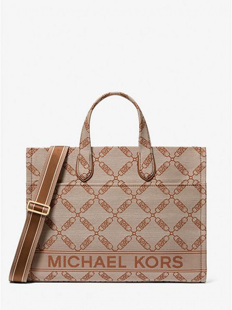 τσάντεσ tote γυναικεια Michael Kors Gigi Large Empire Logo Jacquard Μπεζ | 175392-EXB