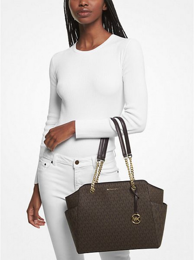 τσάντεσ tote γυναικεια Michael Kors Jacquelyn Medium Logo σοκολάτα | 632489-EXC