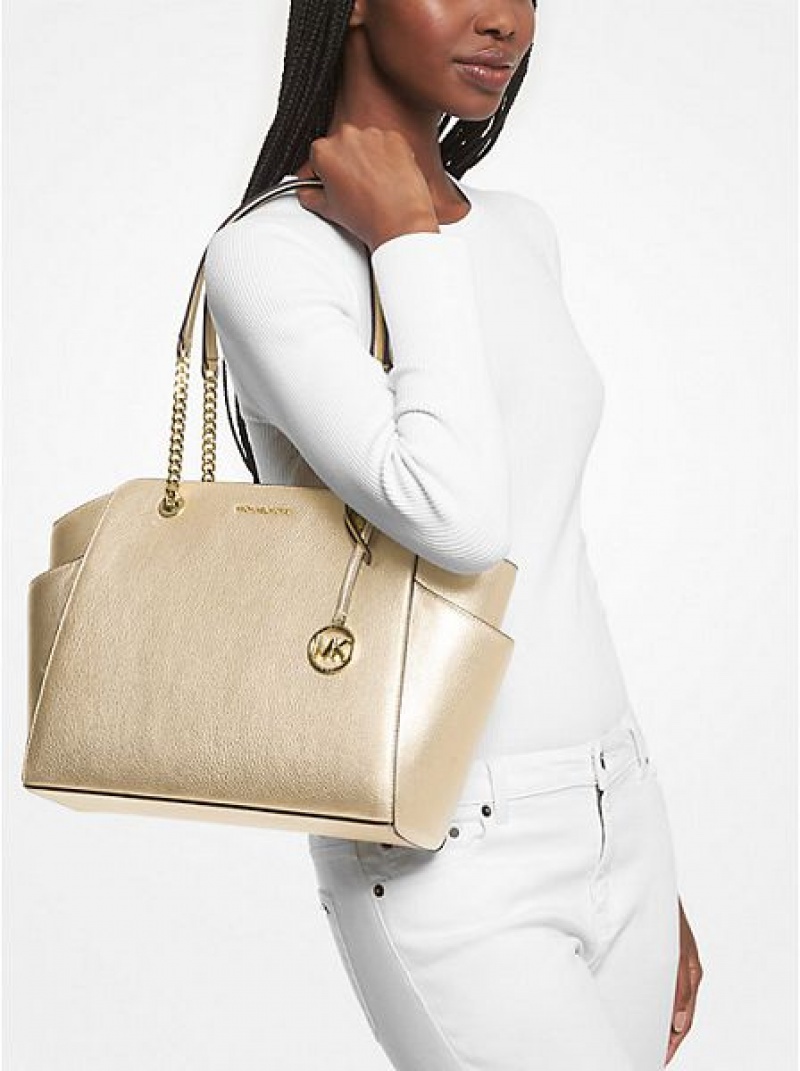 τσάντεσ tote γυναικεια Michael Kors Jacquelyn Medium Metallic Pebbled δερματινα χρυσο χρωμα | 467180-NSW