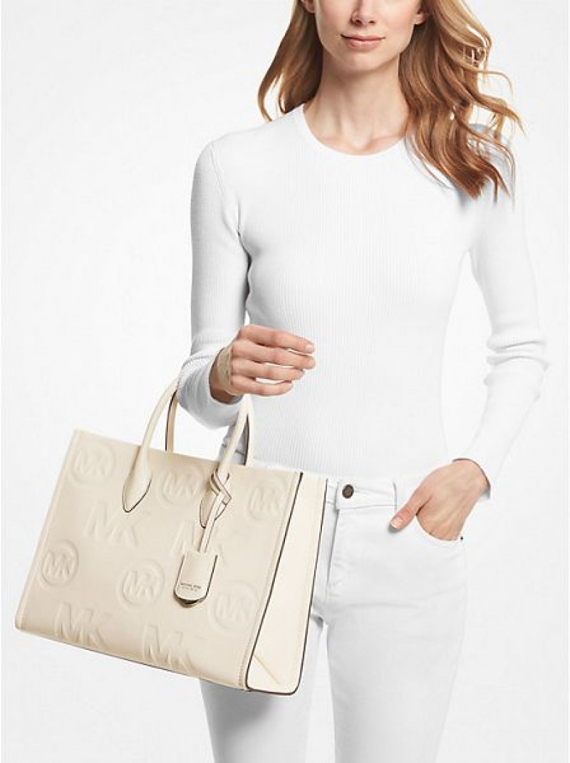 τσάντεσ tote γυναικεια Michael Kors Mirella Medium Logo Embossed Pebbled δερματινα κρέμα | 842079-GPB