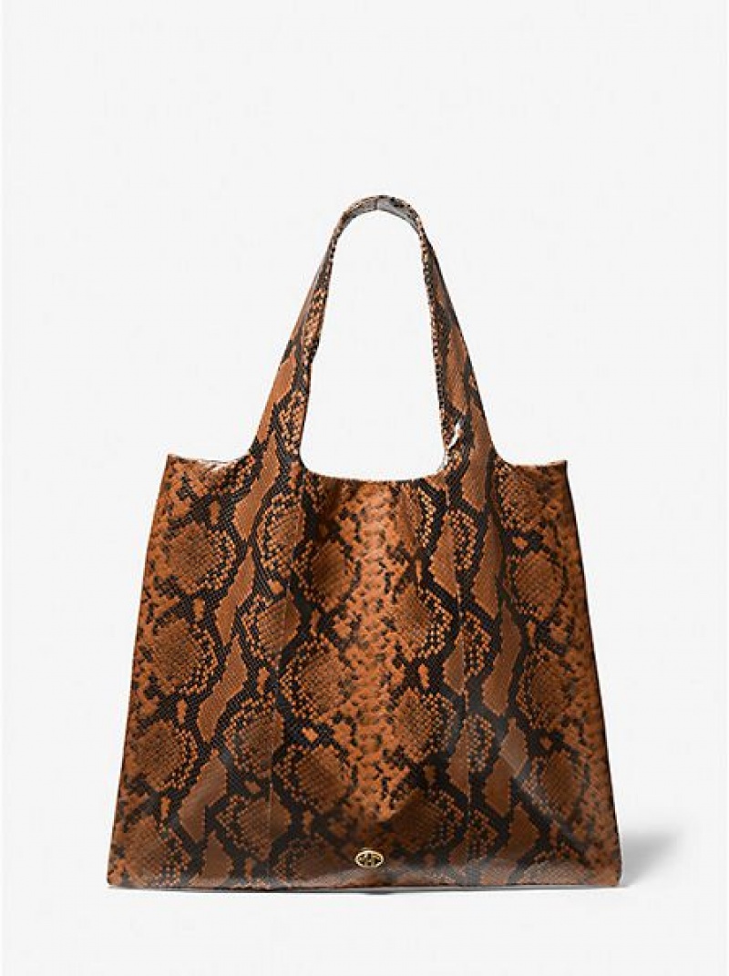 τσάντεσ tote γυναικεια Michael Kors Monogramme Python Embossed δερματινα καφε | 693240-YDN