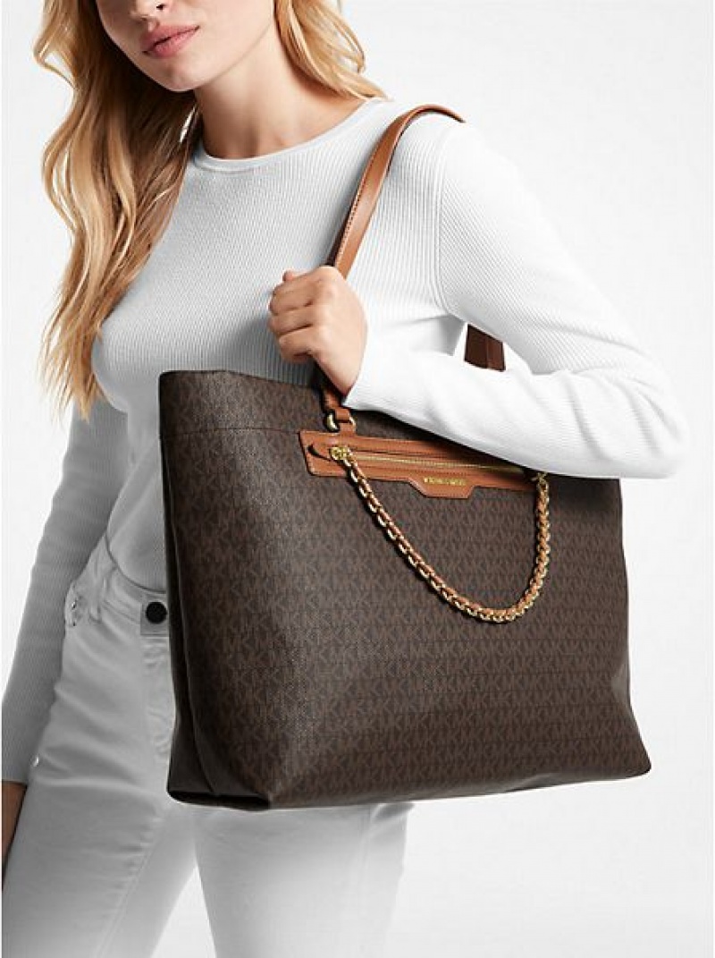 τσάντεσ tote γυναικεια Michael Kors Slater Large Logo καφε | 839604-VPH