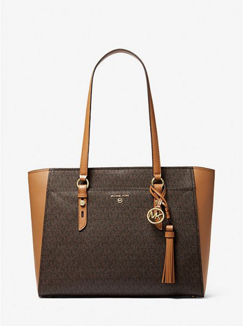 τσάντεσ tote γυναικεια Michael Kors Sullivan Large Logo And δερματινα καφε | 671420-ZRX