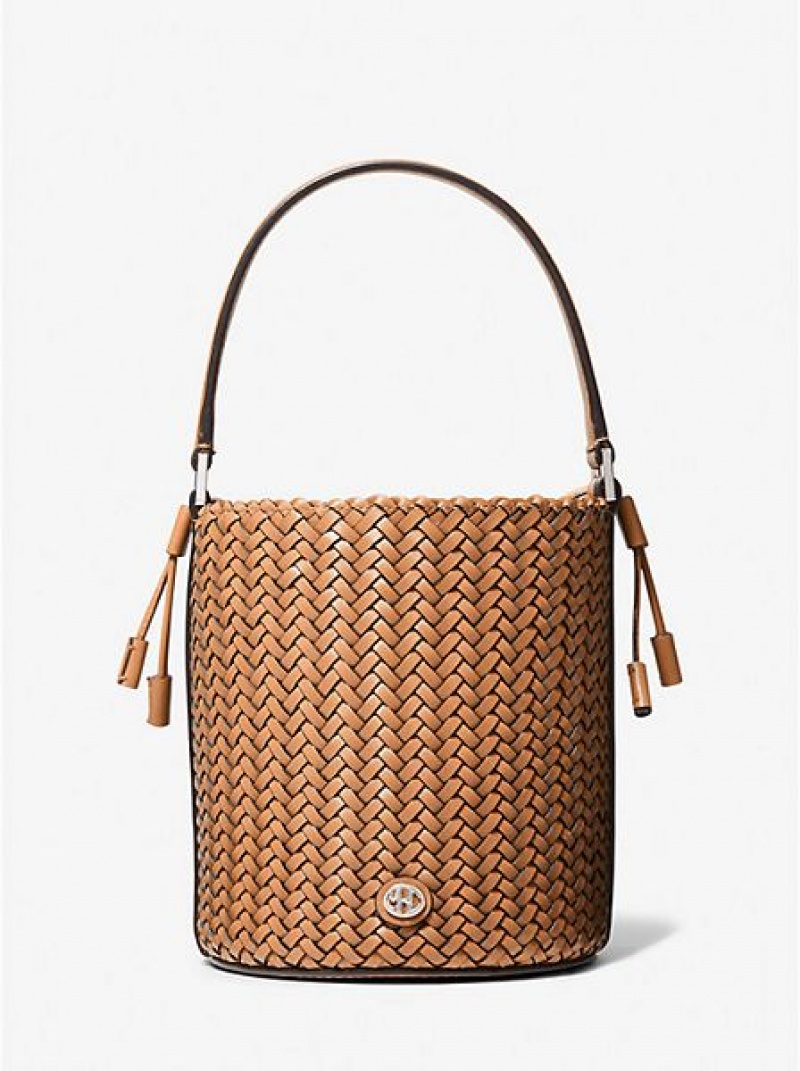 bucket bags γυναικεια Michael Kors Audrey Medium Woven δερματινα καφε | 152873-EWK