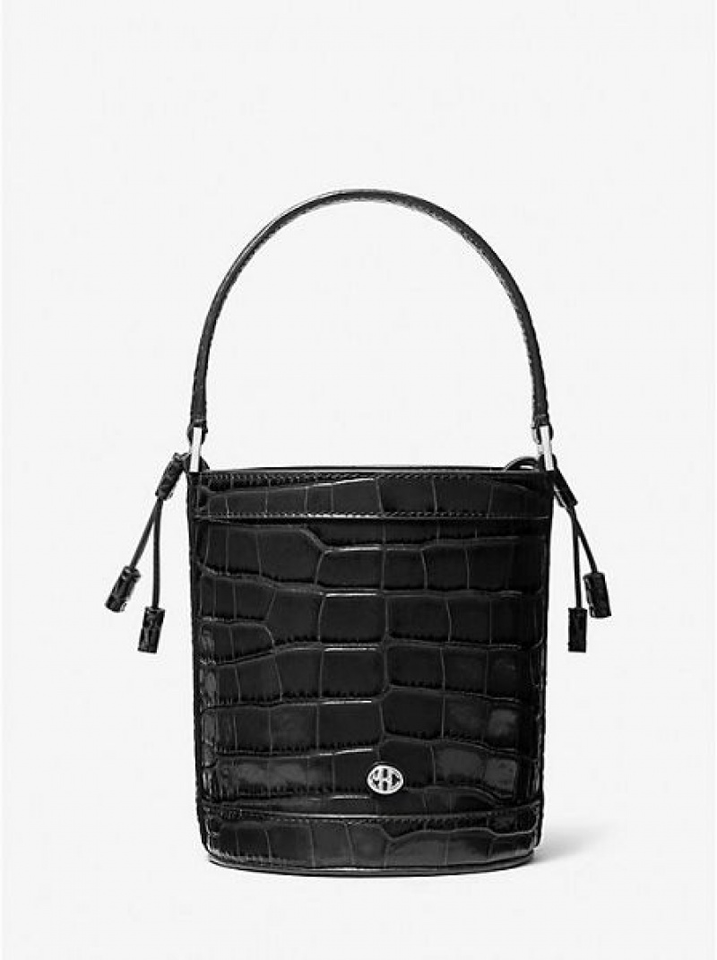 bucket bags γυναικεια Michael Kors Audrey Medium Crocodile Embossed δερματινα μαυρα | 942513-BQX