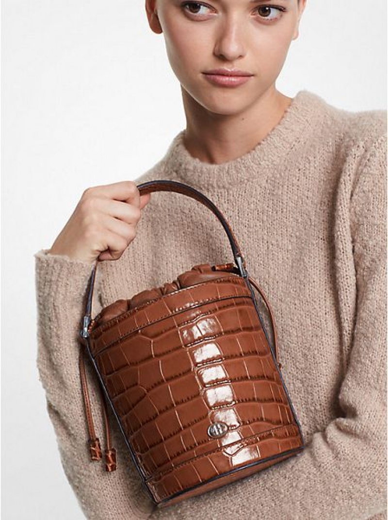 bucket bags γυναικεια Michael Kors Audrey Medium Crocodile Embossed δερματινα καφε | 640283-EON