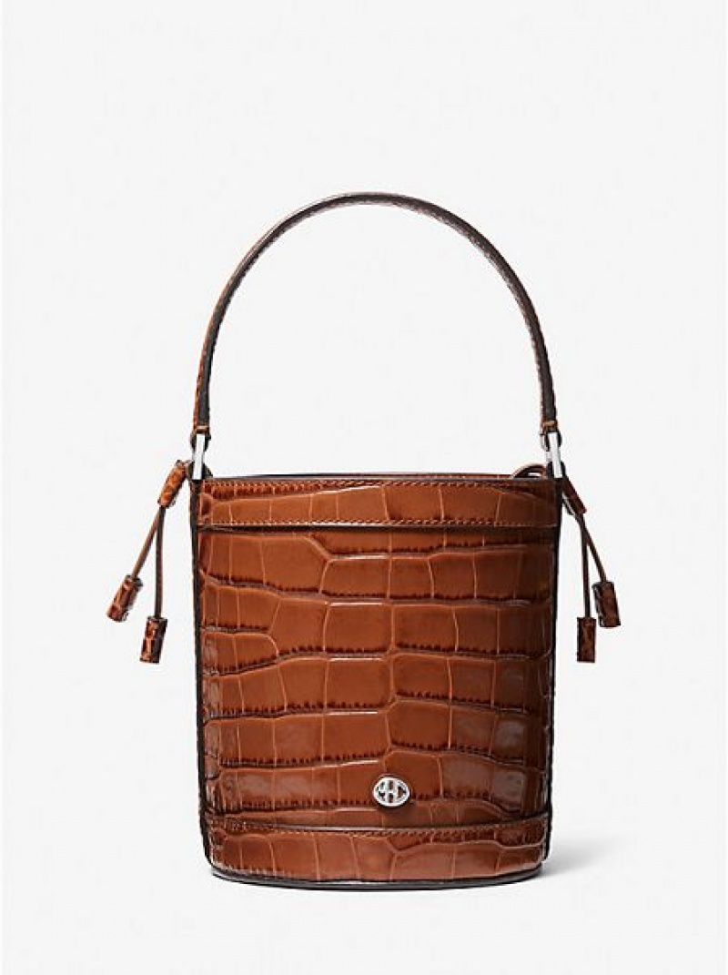 bucket bags γυναικεια Michael Kors Audrey Medium Crocodile Embossed δερματινα καφε | 640283-EON