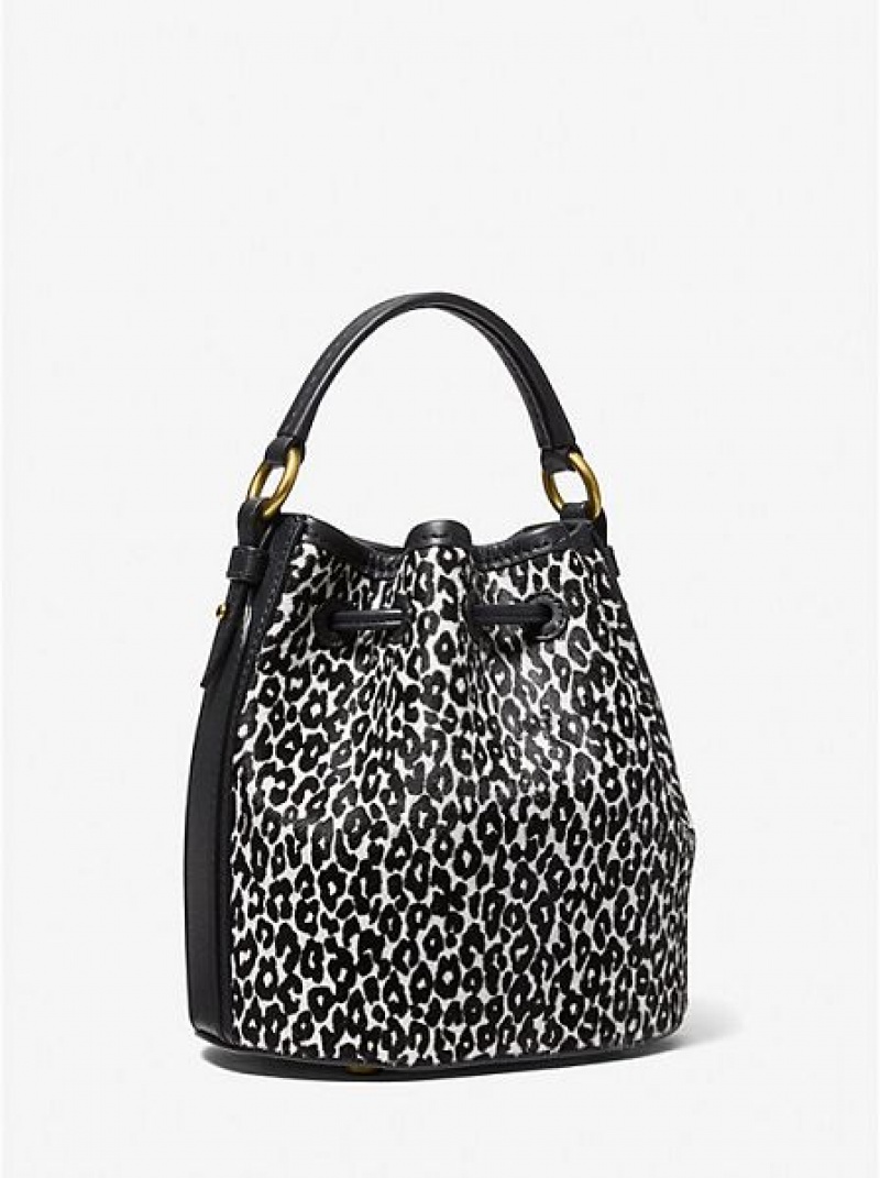 bucket bags γυναικεια Michael Kors Monogramme Small Leopard Print Calf Hair μαυρα ασπρα | 920671-WPA