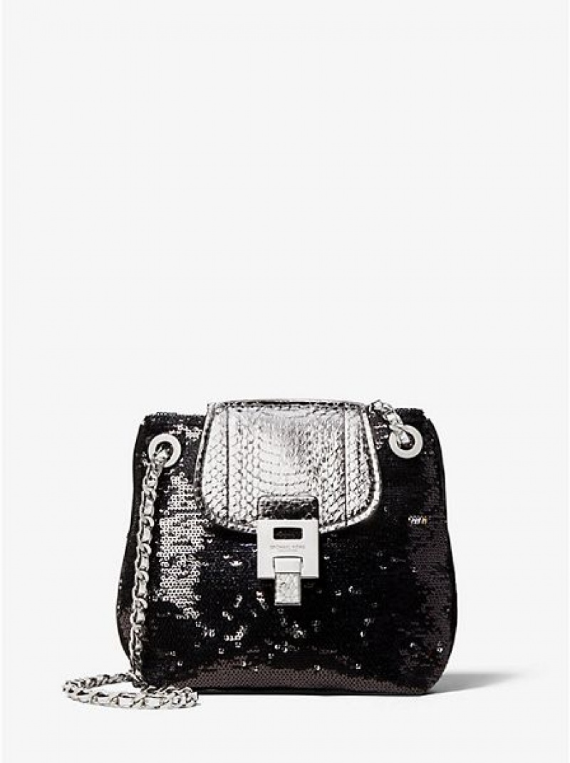 pouches γυναικεια Michael Kors Bancroft Sequin And Snakeskin Disco μαυρα | 051374-ONI