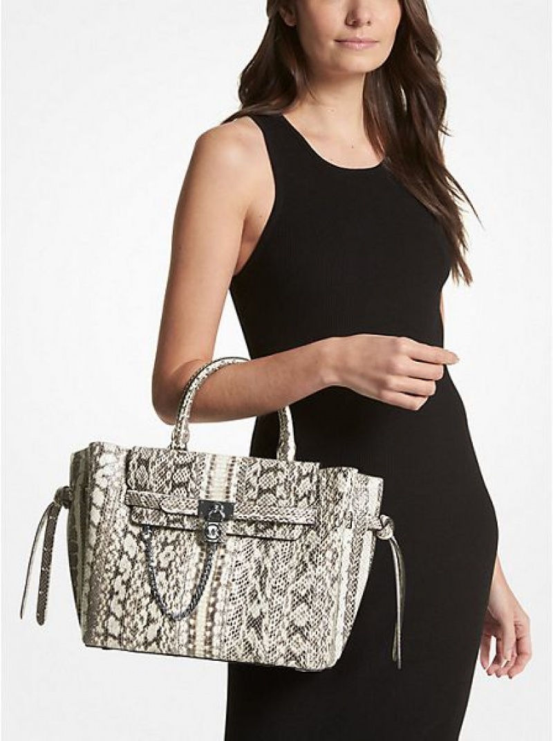 satchel τσαντεσ γυναικεια Michael Kors Hamilton Legacy Large Snakeskin Belted Μπεζ | 245978-WDY