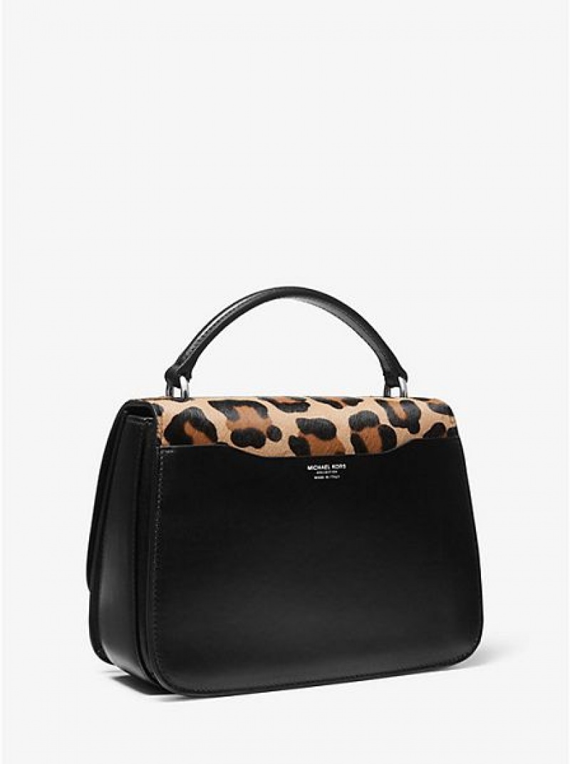 satchel τσαντεσ γυναικεια Michael Kors Mia Leopard Calf Hair Shoulder μαυρα καφε | 820635-VHA