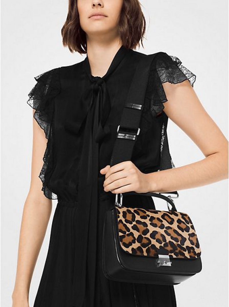 satchel τσαντεσ γυναικεια Michael Kors Mia Leopard Calf Hair Shoulder μαυρα καφε | 820635-VHA